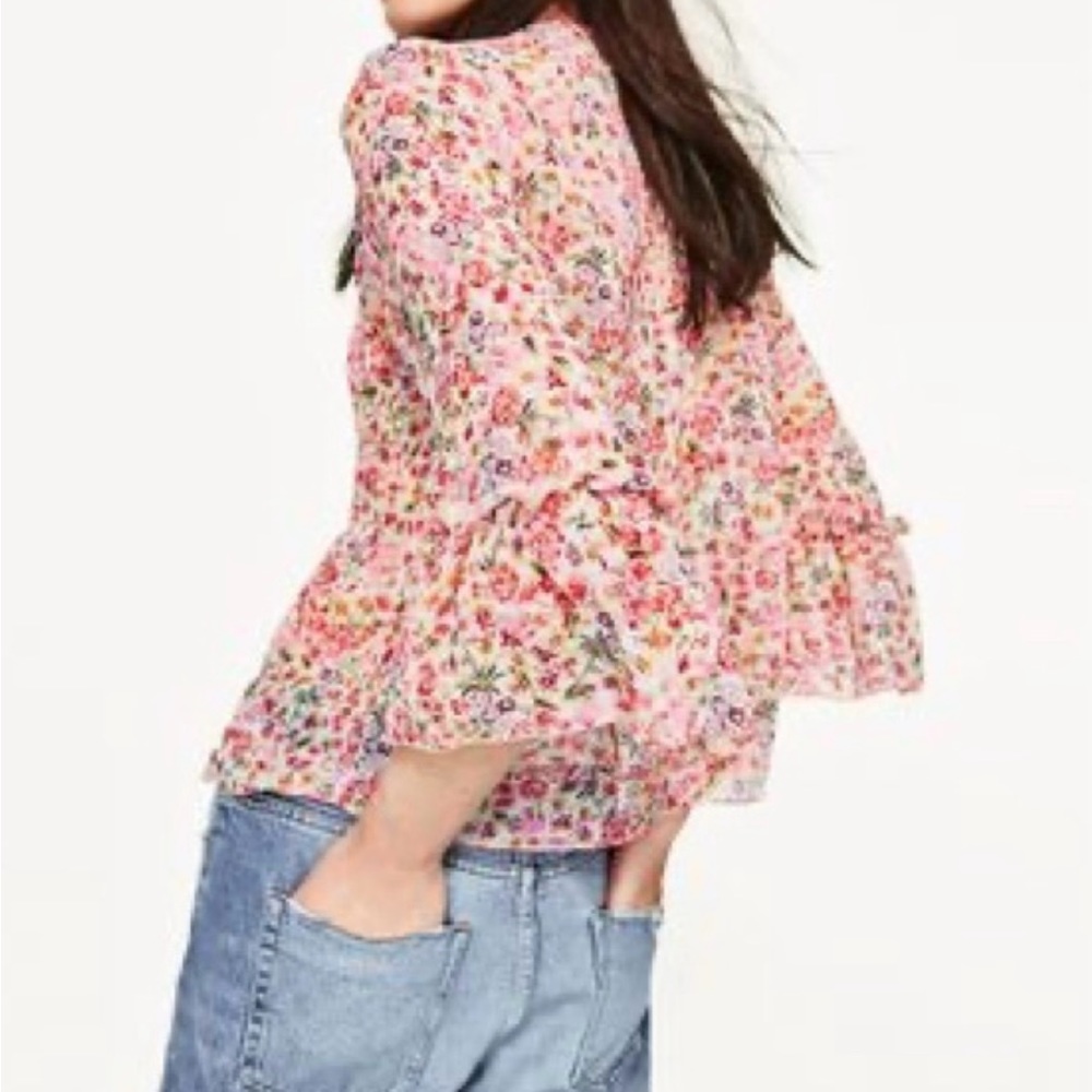 ZARA | Chiffon Micro Ditsy Floral Peplum Bell Sleeve Lightweight Feminine Blouse
